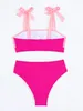 Dames badmode sexy stropdas schouder hoge taille bikini's stelt twee stukken roze zwempak vrouwen gevulde bandeau Braziliaanse biquini strandkleding
