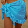Kvinnor baddräkt bikini cover-ups kjol sommar fast färg strand wrap badkläder kvinnliga ruffles trim spets upp sarong omslag