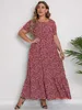 Основные повседневные платья плюс размер жены Ditsy Print Slve Slve Round Slve Maxi Promeed Camual Dress Y240429