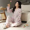 Women's Sleepwear Spring Autumn Korean Cotton Pajamas Set Turn-down Collar Home Clothes Cute Girls Nightwear Chic Woman Pijamas