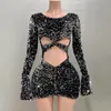 Casual Dresses Shinning Sequins Black Flare Sleeve Sheath Mini Dress Sexy Hollow Out Birthday Evening Party Nightclub Performance Costuse