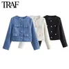 Traf Women Fashion Spring Flip Pocket Jacket Pocket Jaqueta de peito único Tweed Tweed Coats curtos CHIC Ladies Tops Mujer 240422