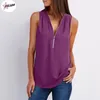 Blouses feminina Mulheres Summer Chiffon Blouse Top Pulabo V Gollar Zipper Roll Up Sleeves Short Shirt Shirt Blusa feminina 5xl