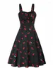 Lässige Kleider 2024 Elegant Vintage Cherry Print Summer Tank für Frauen 50er Jahre 60er Jahre Riched Büste High Taille Beach Urlaub Midi Kleid
