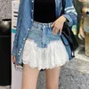Kvinnors jeans sommarbottnar kvinnor denim mesh spetsar skarv kjolar hög midja asymmetriska frill tyll gotiska blå shorts koreanskt mode sexigt