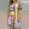 Casual Dresses Women's Fashion One Line Neck Gradient Color Short Sleeve Dress Elegant Female Summer Bow Print Party Maxi Vestidos