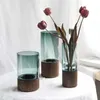 Vases Simple European hydroponic plant household living room table inserted flower wood base transparent glass vase Home Decor 240423