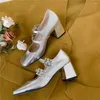 Scarpe vestiti aucegi donne mary janes pompe tallone grossolano in punta di piedi lady genuine leahter rhinestone fibbie festa ballo d'argento