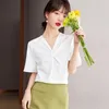 Kvinnors blusar 2024 Summer Women Blue Plain SHORT STEVE Chiffon Shirts Elegant Fashion Formal Top