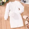 Vestidos de menina 3-7 anos crianças outono de inverno de manga longa pit bubble com sacola de cor sólida conjunto de roupas de bebê para crianças roupas para meninas