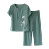 Pantalon de deux pièces pour femmes Pyjama Set Grand-mère Sleepingwear Elegant Med-Aged with Flower Print Short Sleeve Top Wide for Mother