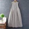 Casual Dresses Women's Vintage Cotton Linen Dress Japanese Style Mori Girl Stripe Sleeveless Loose Summer