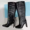 Botas enrugadas de couro genuíno sapatos de couro joelho alto preto preto de dedão grossa