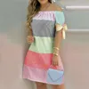 Casual Dresses Women's Fashion One Line Neck Gradient Color Short Sleeve Dress Elegant Female Summer Bow Print Party Maxi Vestidos