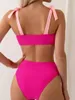 Dames badmode sexy stropdas schouder hoge taille bikini's stelt twee stukken roze zwempak vrouwen gevulde bandeau Braziliaanse biquini strandkleding