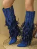 Bottes Designer Trend Femmes 2024 Point Toe Knee High dames Automne Hiver Luxury Robe Chaussures Blue Feather Botas Mujer