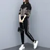 Pantalon de deux pièces pour femmes printemps automne, femelle décontractée Leopard à manches longues T-shirts 2024 Corée des vêtements de mode pantalon coréen tout-match