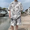 Suminillos para hombres Summer Ice Silk Tang Suit Men 2 Piece Sets Shorts Tai Chi Camisa de estampado de manga corta Juego de pantalones chino Estilo chino