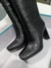 Botas enrugadas de couro genuíno sapatos de couro joelho alto preto preto de dedão grossa