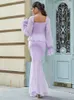Casual jurken 2024 Sexy dames licht paarse pure pure jurk strapless lantaarn mouwen bodycon gedrapeerd ruche ontwerp feestvestidos