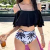 Costumi da bagno femminile coreano in bikini in bikini con una spalla piatta da bagno a spalla piatta femminile arruffato top solido con pantaloncini stampati digitali slim sexy