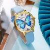 Polshorloges Blue Butterfly Watch Set for Women Fashion Casual Quartz PolsWatch Ladies Elegante lederen band Bracelet Watches cadeaus