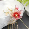 Cabinete de cabelo Red Hairpin Pearl Tassel Sticle Jóias de coque de metal dourado para mulheres Vestido de noiva chinês Clipe antigo