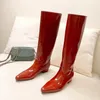 Botlar Kaliteli Moda Kırmızı Siyah Patent Deri Diz Yüksek Kadın Nimli Ayak Tip Üzerinde Tüp Tüp Üzerinde Uzun