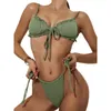 Frauenbadebekleidung Frauen Subsystem mit dreiteiliger Badeanzuganzug Feste Farbbikini Rüschen Schnürhöfen Transparent Mesh Bluse