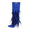 Bottes Designer Trend Femmes 2024 Point Toe Knee High dames Automne Hiver Luxury Robe Chaussures Blue Feather Botas Mujer