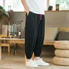 Męskie spodnie Summer japoński w stylu japońsku bawełniana i lniana luźne kolory stałe swobodne joggery streetwearne do kostki spodnie