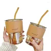 Wine Glasses Internet Celebrity Bamboo Cups With Straw Mocha Coffee Leather Surrounded Mug Office Outdoor Travel Retro Creative Ins 2024