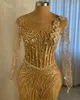 Aso Ebi 2024 Gold Sircaid Prom Dress Crystals perlé Voir tout au long de la soirée formelle Deuxième réception 50e anniversaire Robes de fiançailles Robe Robe de Soiree es