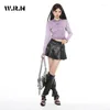 Saias 2024 Autumn Sweet Gothic Solid Color Belted Women Women Casual Cantura alta Slim Moto Bike Leather Pleated Mini Skirt