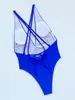 Frauen Badebekleidung sexy Deep V Bikinis Sets Badeanzug Frauen Rückenless Blue Monokini Einszene Cross String Bikini Brazil Beach Badeanzug