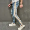 Homens Spring Spring elegante retalhos de retalhos Slim Lápis calças masculina machos de rua sólida calça jeans casual 240420