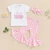 Ensembles de vêtements Focusnorm 0-4y Toddler Girls Summer Vêtements d'été 3pcs Lettre brodée T-shirts à manches courtes / Romper Checkerboard Flare Pant