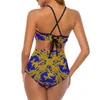 Frauen Badebekleidung Sexy Barockdruck Bikini Set Blue and Gold Novel Badeanzug Hochtütiger Pool Übergroßer Badeanzug