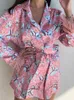 Women's Sleepwear Hiloc Printed Flowers Casual Feather Pajamas With Shorts Summer 2024 Notched Shirts And Wide Legs Homewear Two Pieces Set