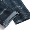 Herren Jeans Männer Schädel Stickerei Denim Streetwear Neon Patch Stretchhose Vintage Dark Blue Whisker Hosen