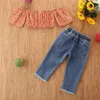 Kleidungssets Sommer Mode Kleinkind Kinder Baby Mädchen Kleidung von Schulter orange Blumendruck Tops T-Shirt Jeanshose Kinder Outfits