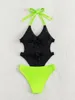 Menas de banho feminina Sexy One Piece Swimsuit Women Neon Green Contrast Color Push Up Bikini Bandage Thong Monokiny Bathing Suit de 2024 Mujer