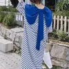 Feestjurken 2024 Zomerpop Kraag Kraag Kort Mouw Striped Contrast Kleur T-shirt Dress Women Fashion Bow Casual All-match Midi