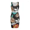 Vestidos de trabajo estampado floral tropical set de dos piezas para mujeres fit delgada boho u cuello sin mangas falda envuelta vestidos de verano