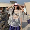 Japanisch O-Hals Übergroßes T-Shirt Sommer sexy auf See durch Mesh Spitzen T-Shirt Y2K E-Girl Kurzärmeligte Oberseite für Frauen 240426
