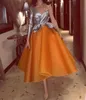 Skromny 2017 szary jedno ramię w długim rękawie pomarańczowy organza długość herbaty sukienki balowe sukienki formalne impreza