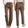 Pantaloni femminili di colore solido cotone estivo casual estivo e lino con leva tascabili gamba dritta sciolta pantaloni lunghi