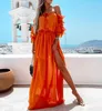 Femmes Sexy Beach Murffon Dress Bikini Cover-ups à manches longues Ruffles au large de la taille de la taille haute épaule