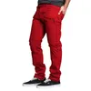 Herrbyxor Fashion Red Cargo Male's Multi Pockets Pu Patchwork Sportbyxor Män