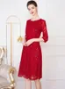Robes de fête aeleseen vintage d'été femme robe design mode mi-manches rose rouge de haute qualité paillette de fleur broderie au genou-longueur